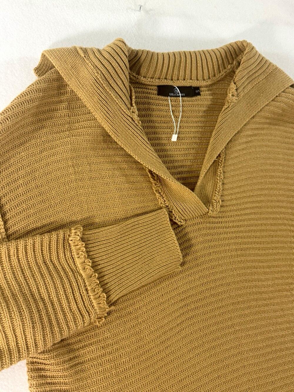 Lillusory Women’s S Camel Hooded Sweater V Neck Ribbed Knit Oversized Pullover